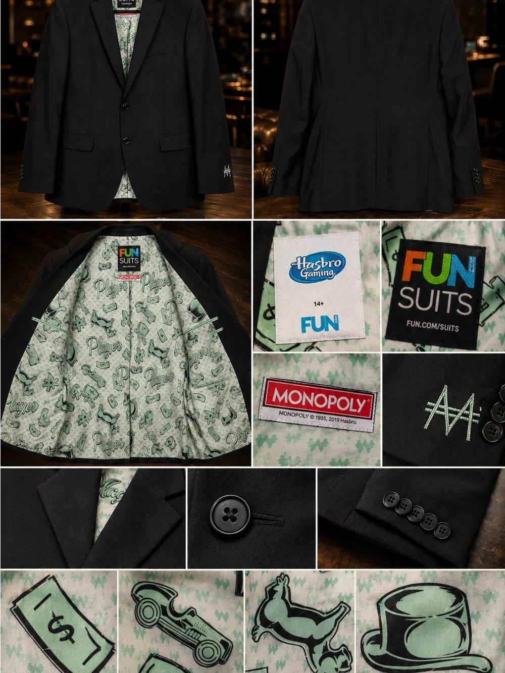Fun Suits Monopoly Black Blazer Jacket Men’s 48R Hasbro Gaming Party Suit